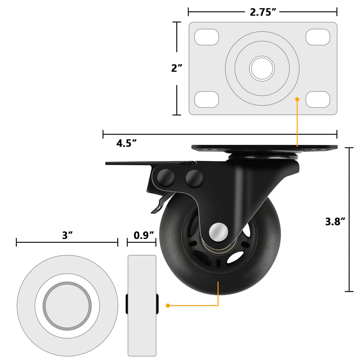 Apllamo 3" Casters Set of 4 ，4 Heavy Duty Quiet Casters, Max Load 2000LBS. Suitable to do Soft Wheels for cart, Glide Quietly and Protect The Floor, casters Set of 4 Heavy Duty. Apllamo