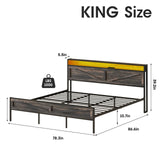 Bed Frame King Size with Charging Station, Platform Metal Bed with Headboard & Led Light, Farmhouse Storage Bed for Bedroom, No Box Spring Needed Halitaa