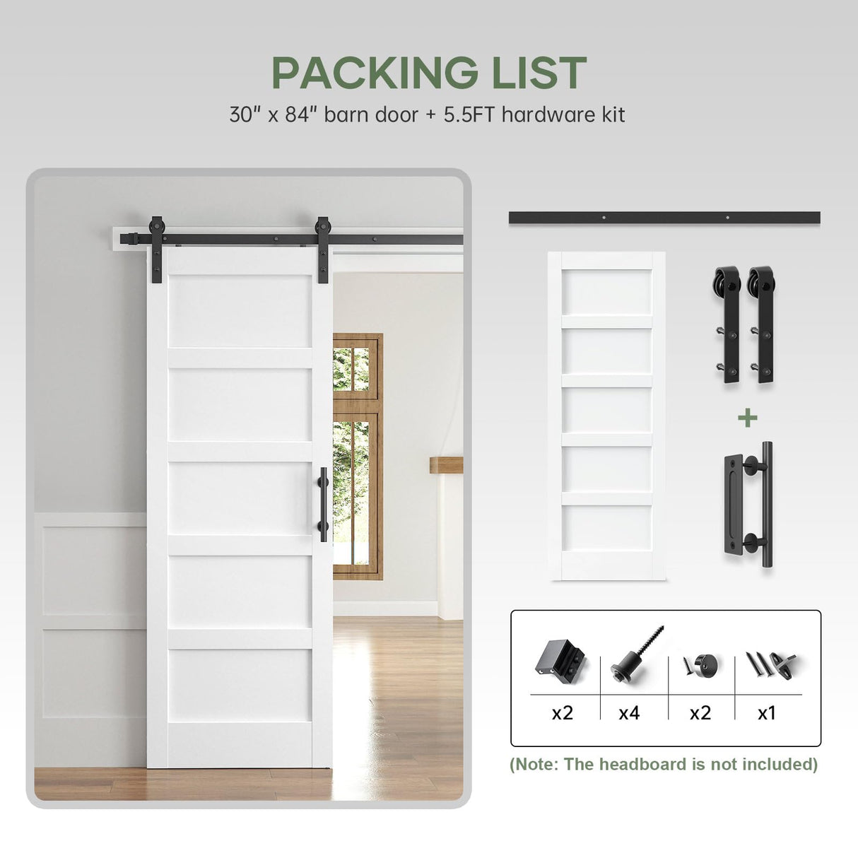 ROYMELO 30x84 Inch White Sliding Barn Door Slab with 5.5ft Hardware Kit Included, 5-Panel, MDF Wood Panel Covered with Water-Proof Scratch-Proof PVC Surface, Simple DIY Assembly ROYMELO