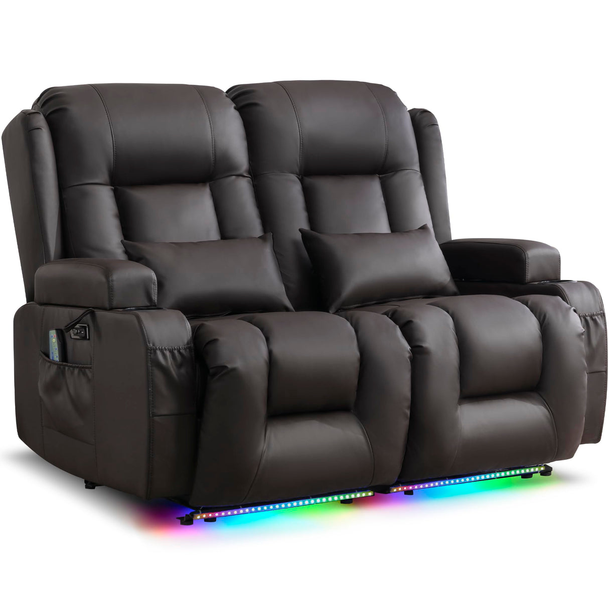 URRED Loveseat Recliner Sofa with Massage and Heat, Power Reclining Loveseat Sofa RV Couch Home Theater Seating with LED Lights, Cup Holders, Side Pockets, USB, Pillows, Faux Leather, Dark Brown URRED