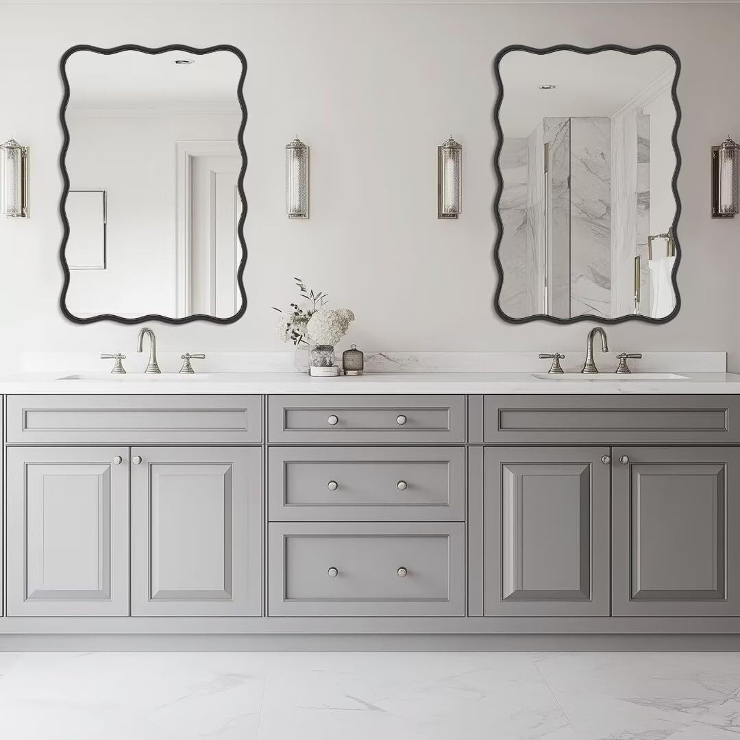 PROHOMEWARE 24 * 36" Black Bathroom Mirror for Wall,Wavy Rectangular Mirror,Vanity Mirror,Bathroom Mirrors for Wall-Mounted Metal Frame Mirror for Bedroom Entryway Living Room Farmhouse (Black) PROHOMEWARE