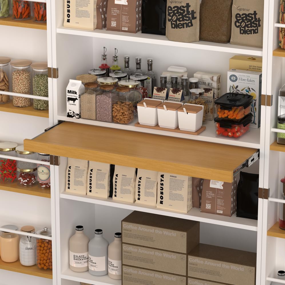 Rumiiro 72" Farmhouse Kitchen Pantry Cabinet with Adjustable & Pull Out Shelves,Wood Cupboard Storage Cabine Freestanding Pantry Cabinet with 12 Door Shelves for Dinning Room,Kitchen,Bathroom Rumiiro