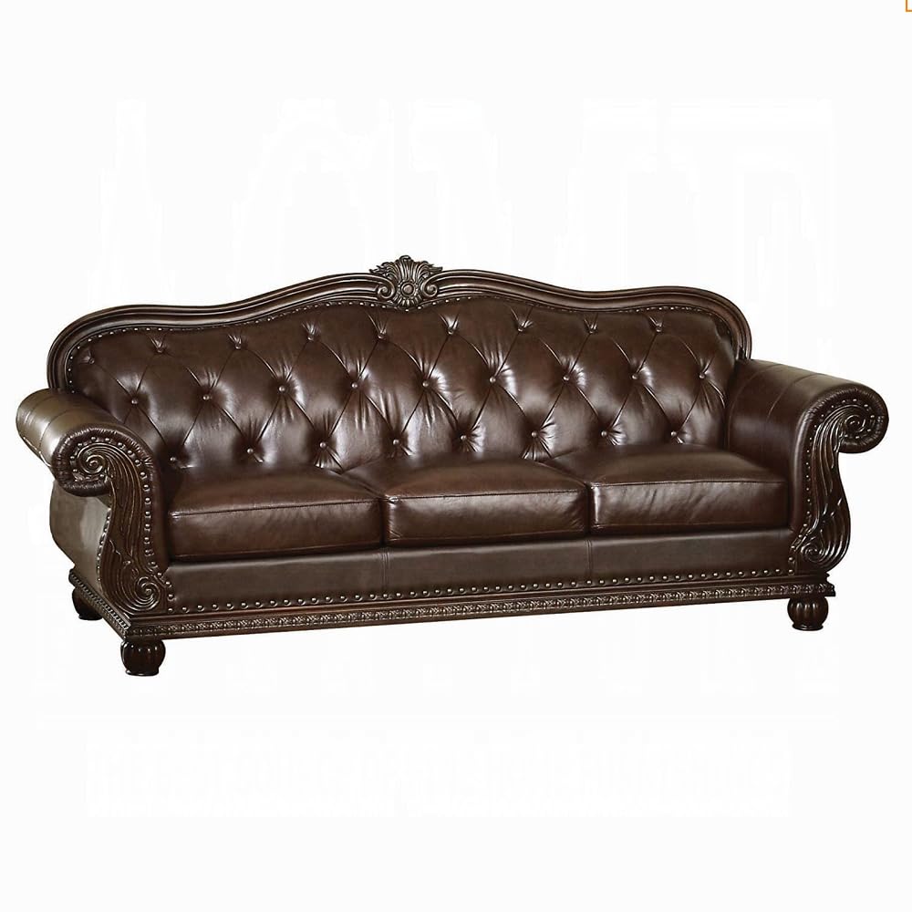 Top Grain Leather Traditional 4-Piece Formal Living Room Set: Luxury Sofa, Loveseat, Single Chair and Coffee Table, Espresso Match with Cherry Finish, Button Tufted Back & Nailhead Trim Generic