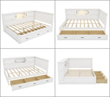 Merax Full Size Corner Bed Frames with Storage Drawers, USB Port, Led Downlight Headboard & Bookcase, Wooden L-Shaped Captain Daybed for Small Room, Bedroom, Guest Room, kids'Room, White Merax