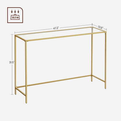 VASAGLE 47.2 Inches Console Table, Tempered Glass Sofa Table, Modern Entryway Table, Sturdy Metal Frame, Easy to Assemble, Adjustable Feet, for Living Room, Hallway, Gold Color ULGT036A01