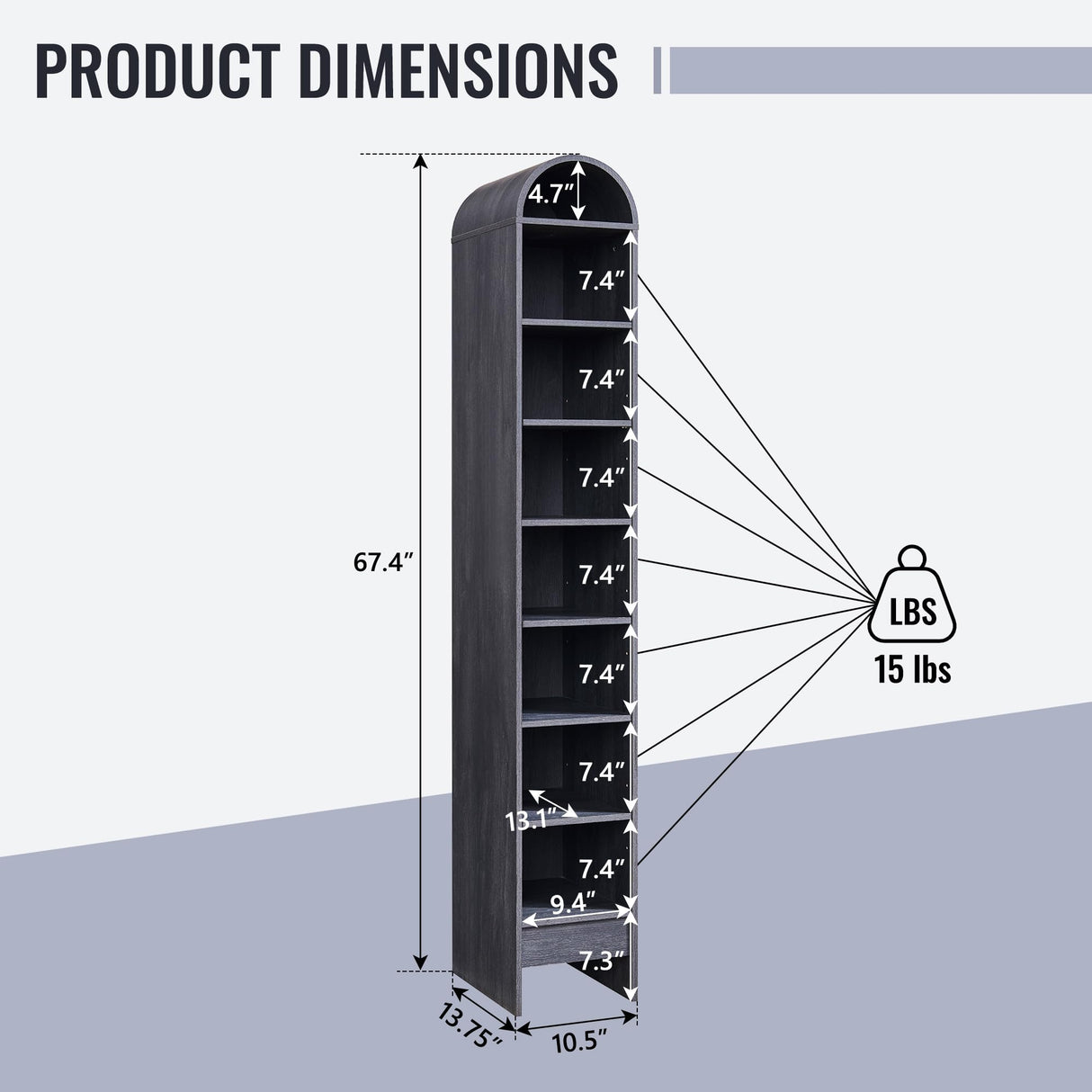IFBUY 67" Tall Arched Bathroom Storage Cabinet, 8-Tier Modern Farmhouse Storage Cabinet with Adjustable Shelves, Wood Freestanding Cabinet for Bathroom, Living Room, Entryway, Hallway (Dark Grey) IFBUY