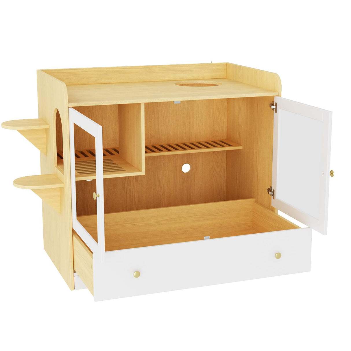 DAWNSPACES Extra Large Cat Litter Box Enclosure Furniture Hidden, Cat Condo Cabinet Pet House with Stairs for 2, Nightstand Side Table witha Large Drawer for Living Room, Natural DAWNSPACES