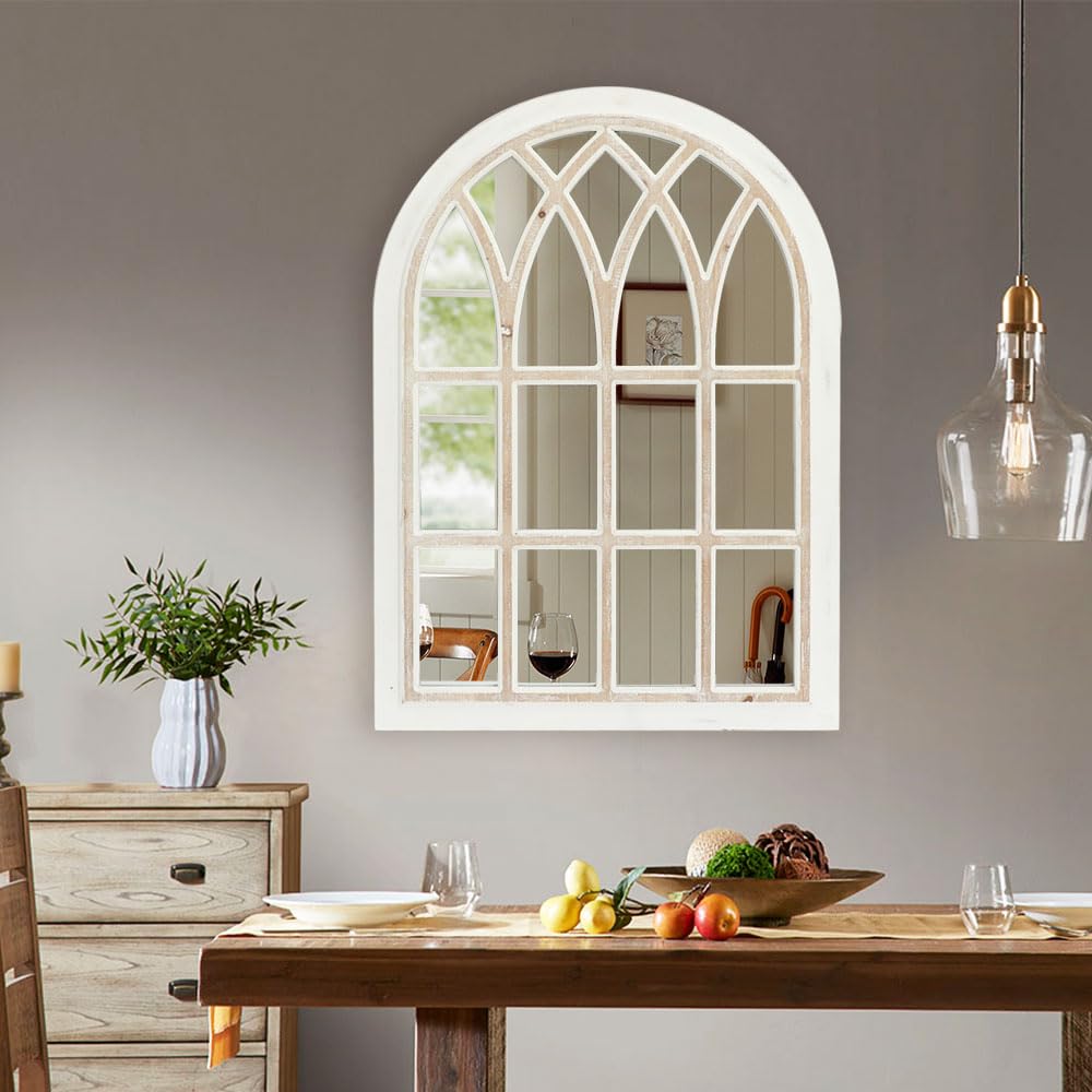 Runglecho Farmhouse Window Pane Mirror, Large Decorative White Wall Mirror for Living Room Kitchen Entryway, 24 L x 34 (White Frame with Brown) Runglecho