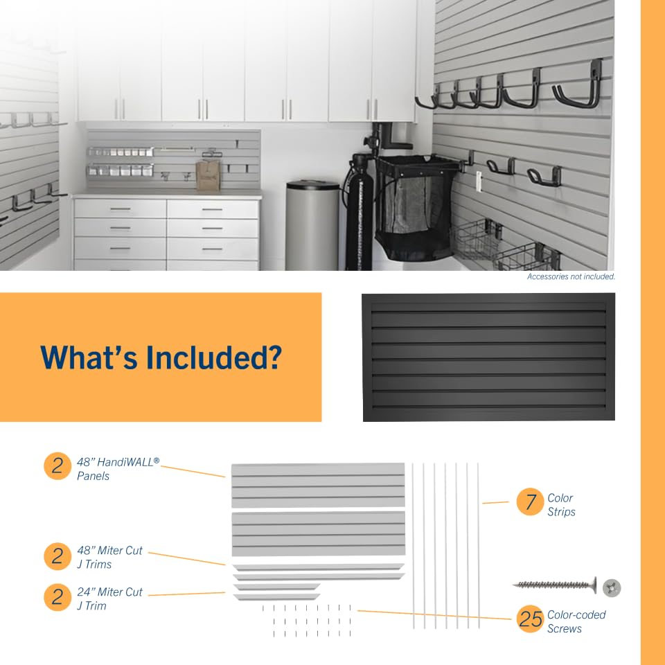 HANDIWALL (BLACK) PVC Slatwall Garage Wall Organizer, 4x2ft Heavy Duty Framed Slatwall Panel Storage Kit, Wall Mount Organizing Storage System For Slatwall Accessories HandiSolutions