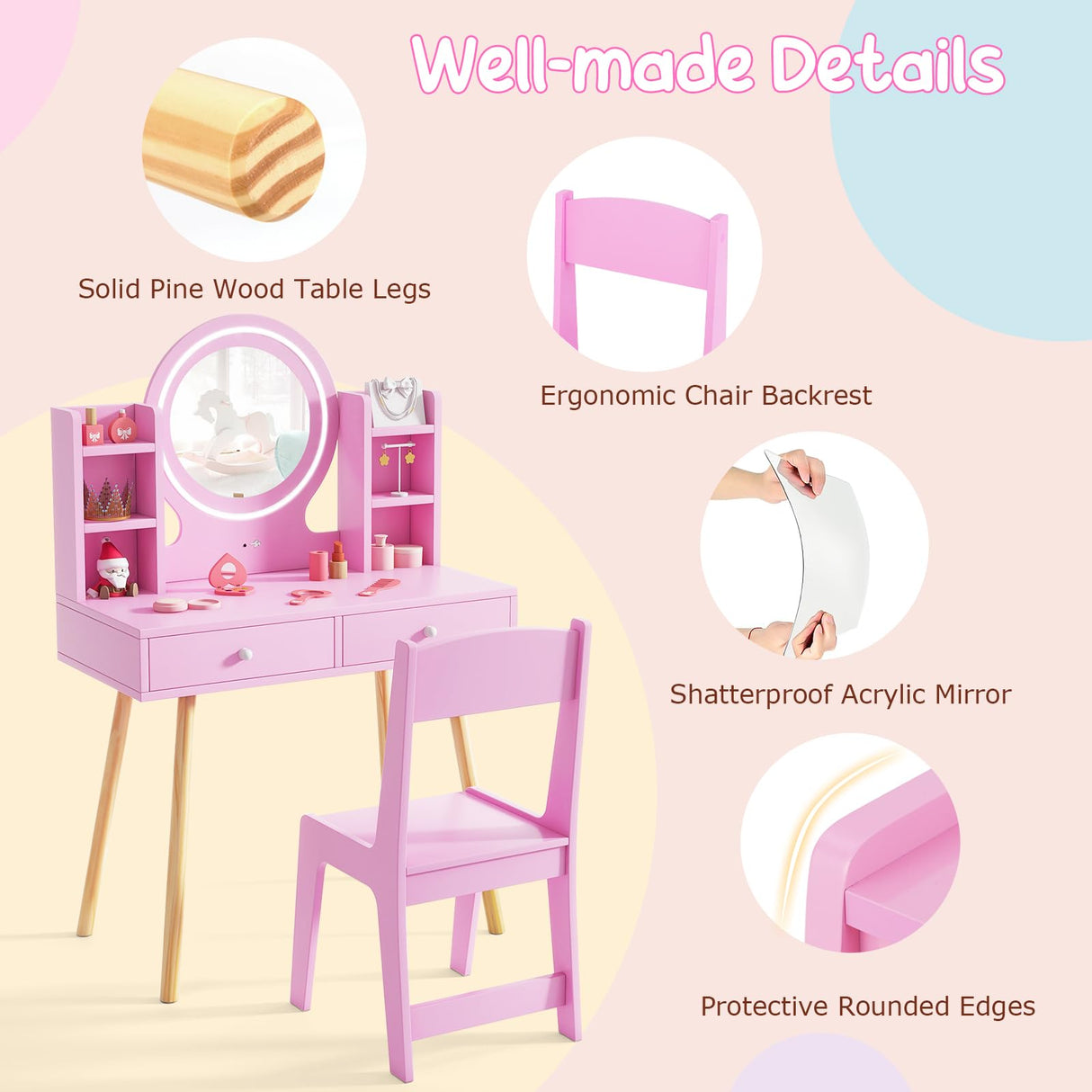 Costzon Kids Vanity, Girls Vanity Set with Mirror and Stool and Lights, Drawers, Storage Shelves, Wooden Toddler Makeup Vanity Desk Dressing Table, Pretend Play Kids Vanity Table and Chair Set (Pink) Costzon