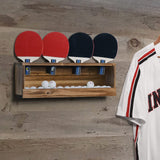 Ping Pong Paddle Storage Rack Table Tennis Racket Display Wall Mounted Holder for 4 Paddles and Balls Storage in Bar Room, Game Room, Office Break Room, Garage, Bedroom, Home, Rustic Burnt Sunix