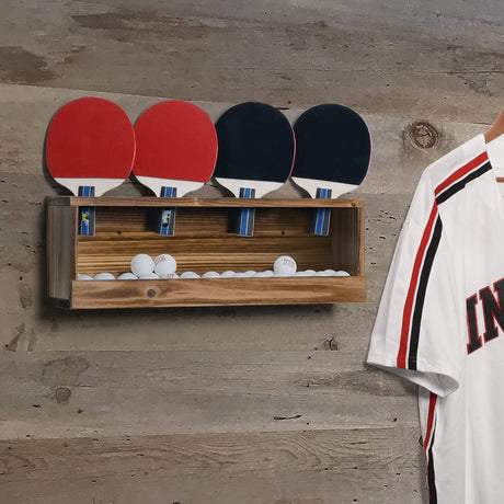 Ping Pong Paddle Storage Rack Table Tennis Racket Display Wall Mounted Holder for 4 Paddles and Balls Storage in Bar Room, Game Room, Office Break Room, Garage, Bedroom, Home, Rustic Burnt Sunix