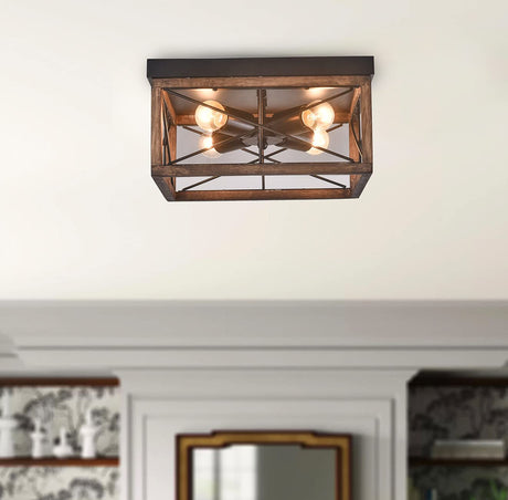 Aiwen 4-Light Rustic Wood Flush Mount Ceiling Light Metal Square Cage Farmhouse Lighting Close to Ceiling Light Fixture Black for Dining Room Bedroom Living Room Kitchen Hallway Entryway Foyer Aiwen