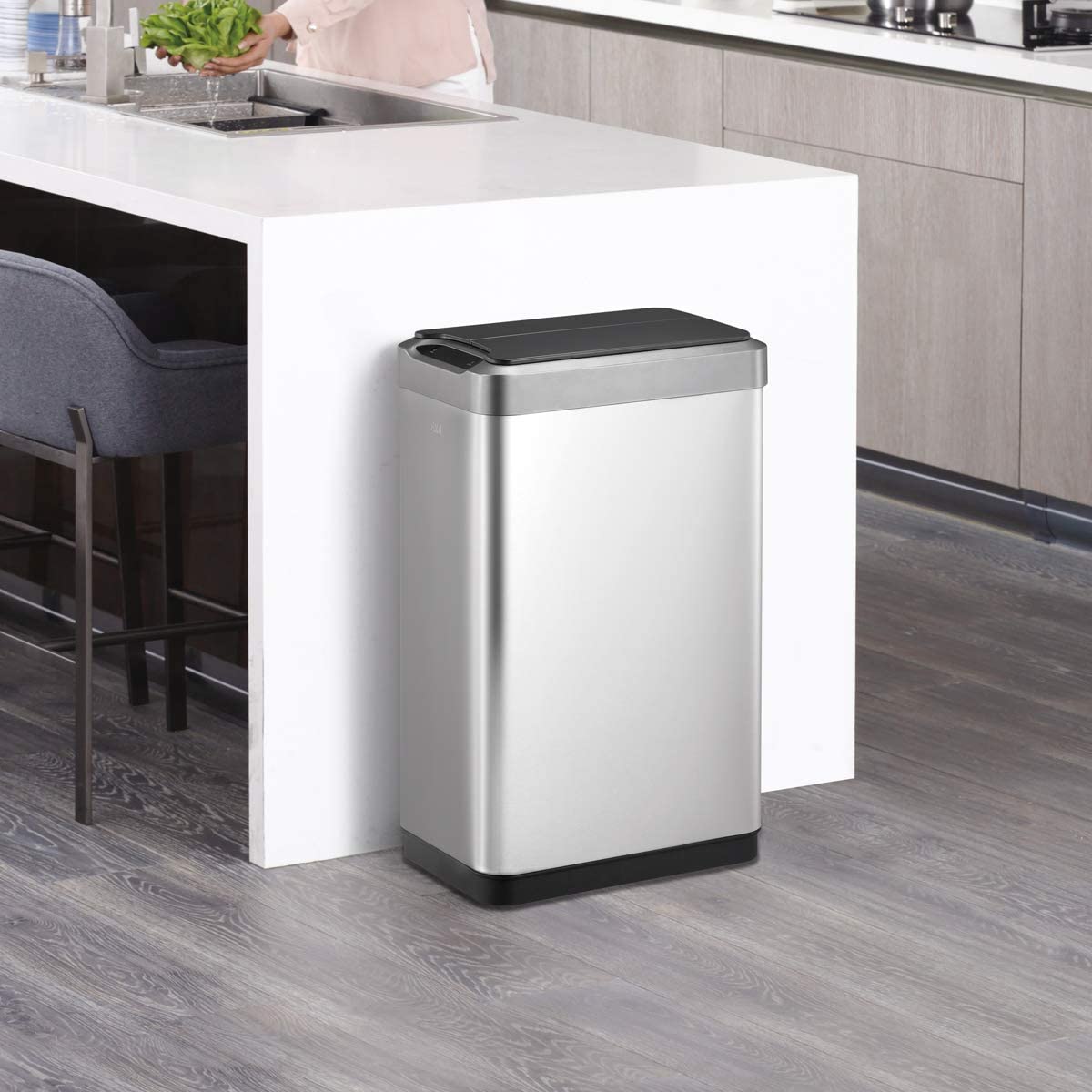 EKO Phantom-T 50 Liter / 13.2 Gallon Vertical Motion Sensor Trash Can, Brushed Stainless Steel Finish EKO