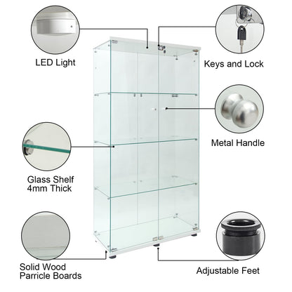 Yoluckea Glass Cabinet with LED Light, 4 Shelves Glass Display Cabinet w/2 Doors,Floor Standing Clear Glass Curio Cabinet Collection Display Cabinet for Living Room Bedroom 64.7” x 31.7” x 14.3” White