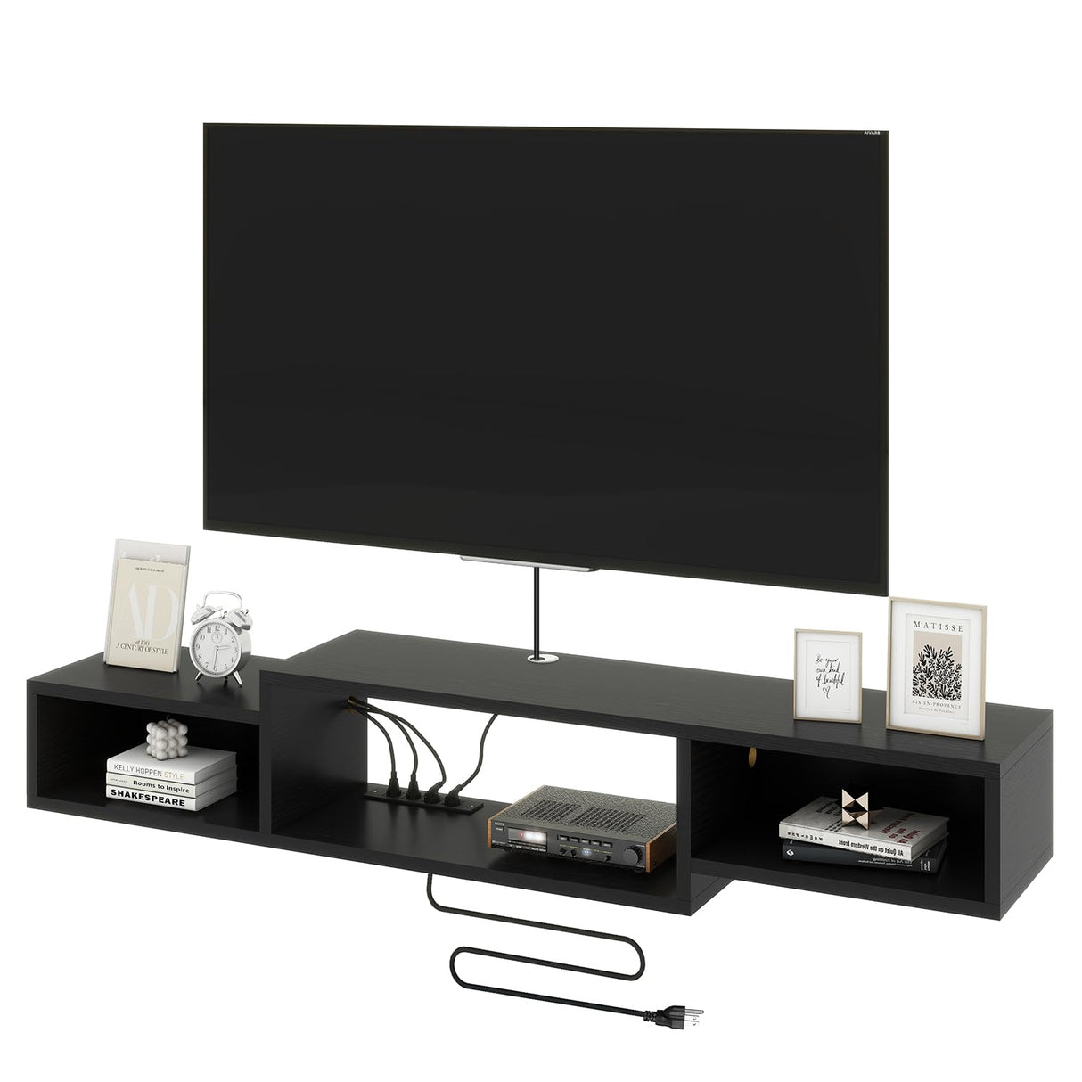 IBUYKE 59" Floating TV Stand Wall Mounted with Power Outlet,Wood Wall Mounted Media Console Shelf,Floating Entertainment Center for Under TV Storage for Living Room Bedroom Office,Black WST007B IBUYKE