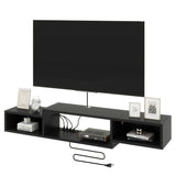IBUYKE 59" Floating TV Stand Wall Mounted with Power Outlet,Wood Wall Mounted Media Console Shelf,Floating Entertainment Center for Under TV Storage for Living Room Bedroom Office,Black WST007B IBUYKE