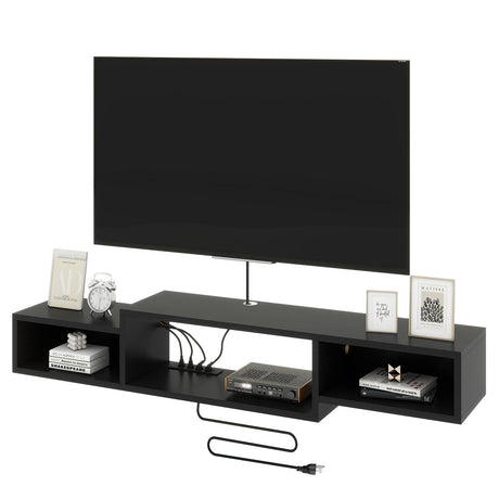 IBUYKE 59" Floating TV Stand Wall Mounted with Power Outlet,Wood Wall Mounted Media Console Shelf,Floating Entertainment Center for Under TV Storage for Living Room Bedroom Office,Black WST007B IBUYKE