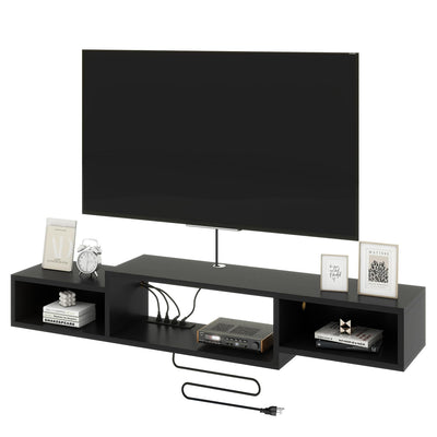 IBUYKE 59" Floating TV Stand Wall Mounted with Power Outlet,Wood Wall Mounted Media Console Shelf,Floating Entertainment Center for Under TV Storage for Living Room Bedroom Office,Black WST007B