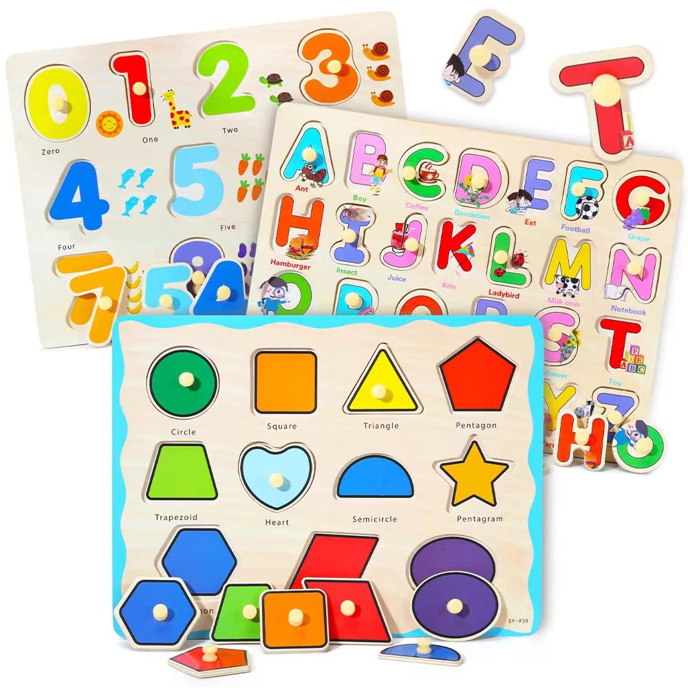 GRINNNIE Wooden Montessori Toddler Puzzles for 1 2 3 4 Years Old, 3 Pcs (Number, Letter, Shape) Kids Preschool Educational Peg Puzzle Set GR GRINNNIE