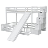 jurmiture Bunk Beds Twin Over Full Size, Pine Solid Wooden Bunk Bed with Slide, Storage Staircase, Safety Guardrails for Kids, White jurmiture