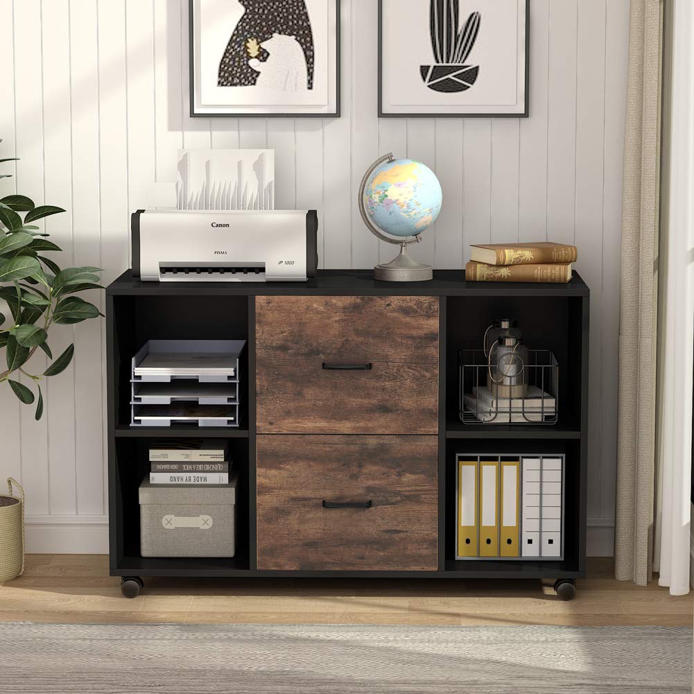 Tribesigns 2 Drawer File Cabinet, Large Mobile Lateral Filing Cabinet for Letter Size, Printer Stand with Storage Shelves and Rolling Wheels for Home Office (Black/Rustic) - WoodArtSupply