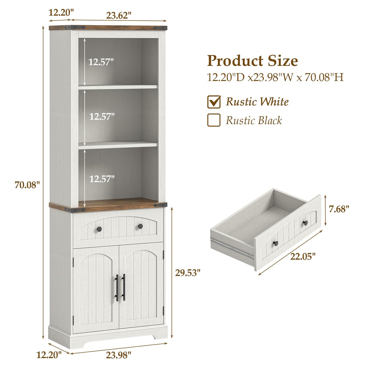 Vabches Farmhouse Bookshelf with Storage Cabinet, 70" Tall Bookcase with Adjustable Shelves and Drawers, 3 Tier Wood Display Storage Cabinet with Doors for Home Office, Living Room, Rustic White Vabches