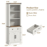 Vabches Farmhouse Bookshelf with Storage Cabinet, 70" Tall Bookcase with Adjustable Shelves and Drawers, 3 Tier Wood Display Storage Cabinet with Doors for Home Office, Living Room, Rustic White Vabches