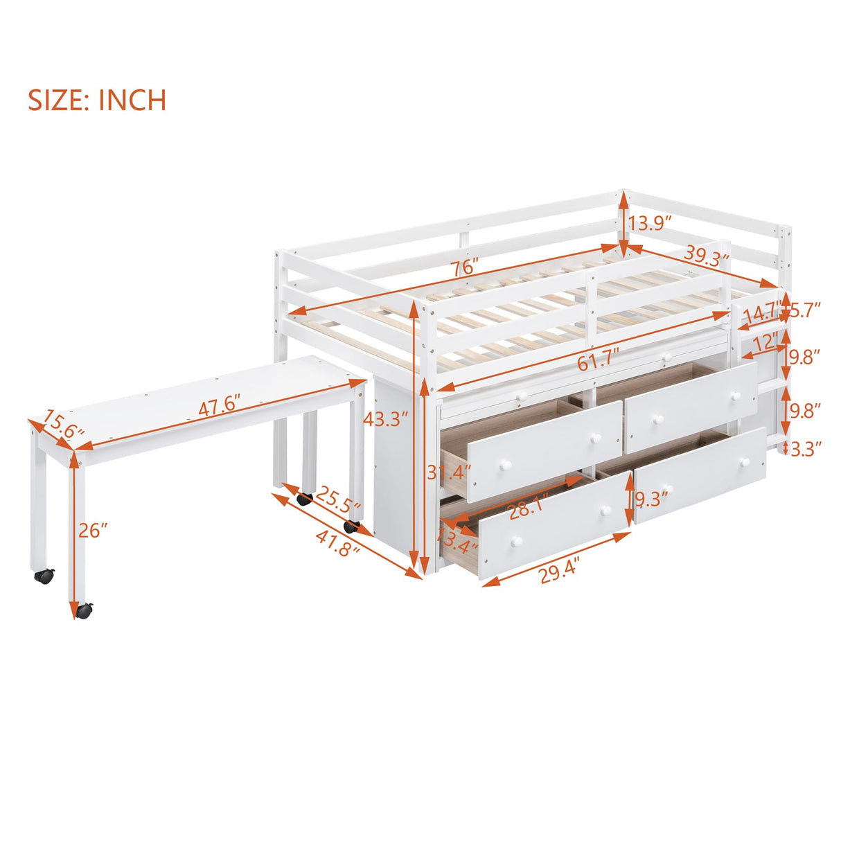 Kids Twin Size Low Loft Bed with Storage, Twin Size Loft Bed with Portable Desk and 4 Drawers, Wood Twin Loft Bed with Shelves, Modern Farmhouse Junior Loft Bed for Kids Boys Girls, White Harper & Bright Designs
