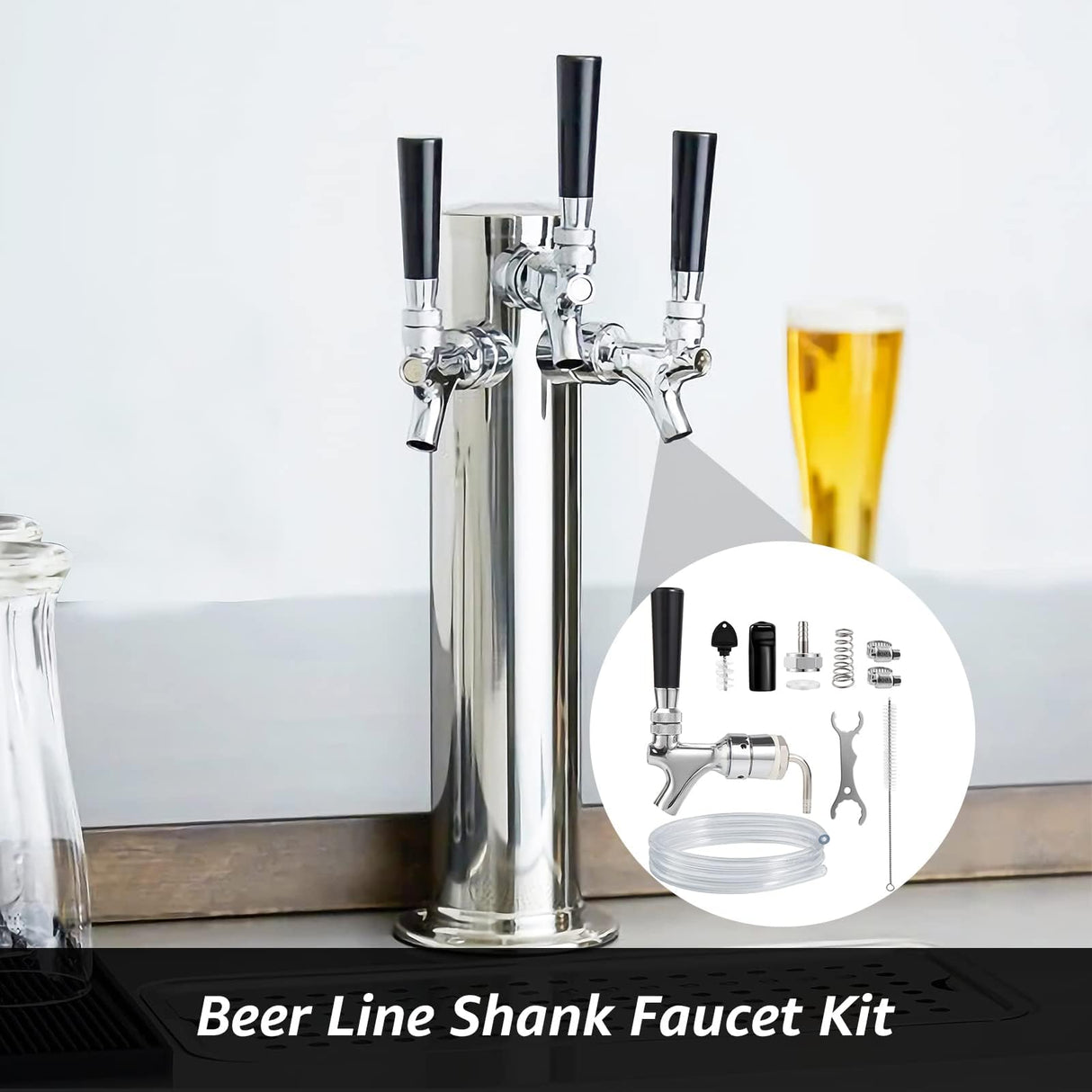 Hilangsan Draft Beer Faucet Beer Line Shank Kit Kegerator Parts Beer Tower Dispenser Replacement Set Self-Closing Beer Tap Wrench I.D.3/16” Beer Tubing 1/4”Keg Coupler Barb Cleaning Brush Tap Cover Hilangsan