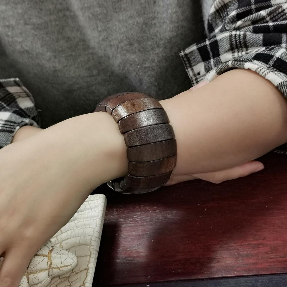 Multi-Colored Wooden Beads Stretch Bracelet Wide Chunky Bangle Bohemian Jewelry Wood Elastic Wristband for Women-Brown Caiyao