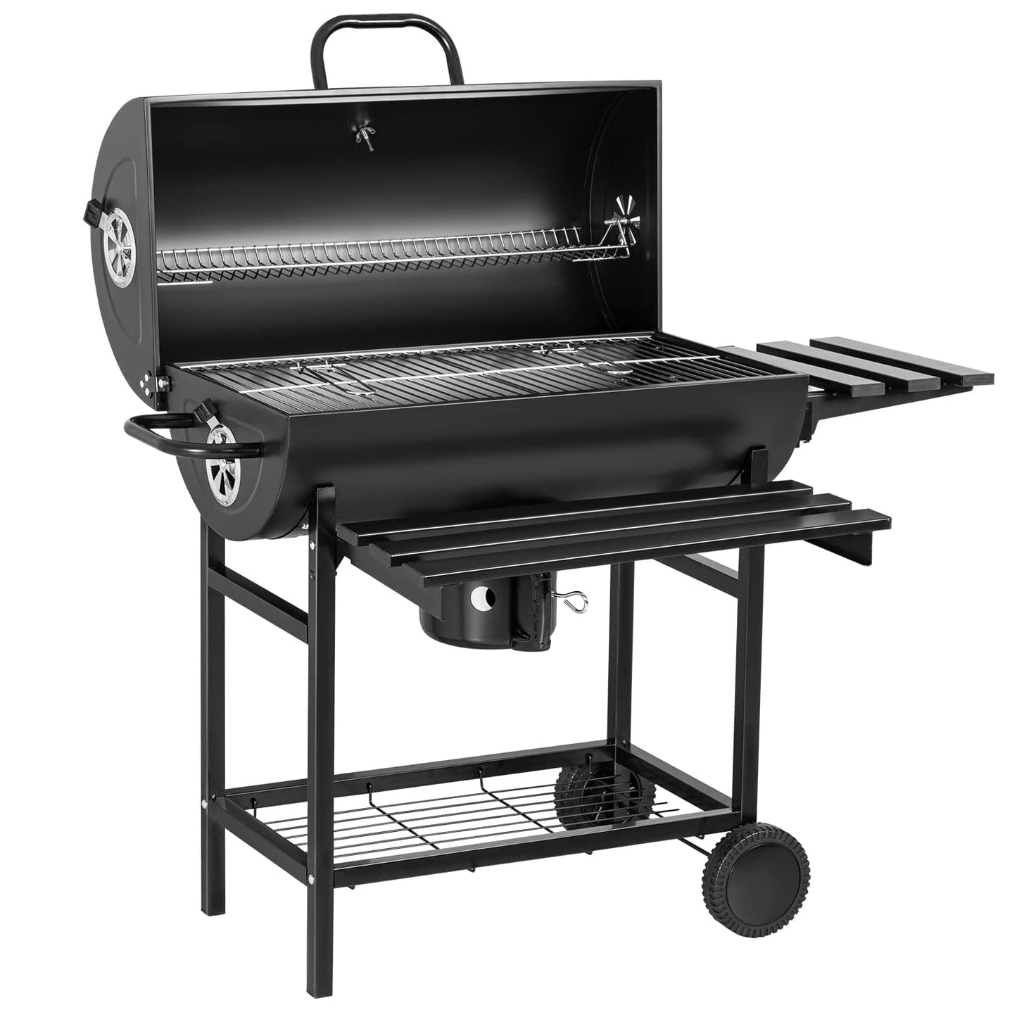 Flamaker Charcoal Grill Barrel style BBQ Charcoal Grills with Three Item Racks Thermometer Double-Layer Chrome-Plated Iron Baking Pan Ash Catcher for Camping Outdoor BBQ