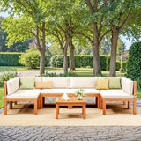 Devoko Outdoor Sectional Couch 7 Pieces Patio Sectional Sofa with Acacia Wood Coffee Table, Outdoor L-Shaped Couch with All-Weather Cushion for Patio,Deck,Backyard(White) Devoko
