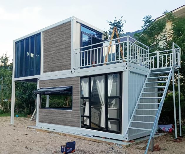 Two-Story Customized Container Houses Villas Prefab Tiny Homes to Live in for Adults Mini Foldable Mobile Home Modular Guest Homes kit casas prefabricadas para Vivir, Stair Terrace guardrail - WoodArtSupply