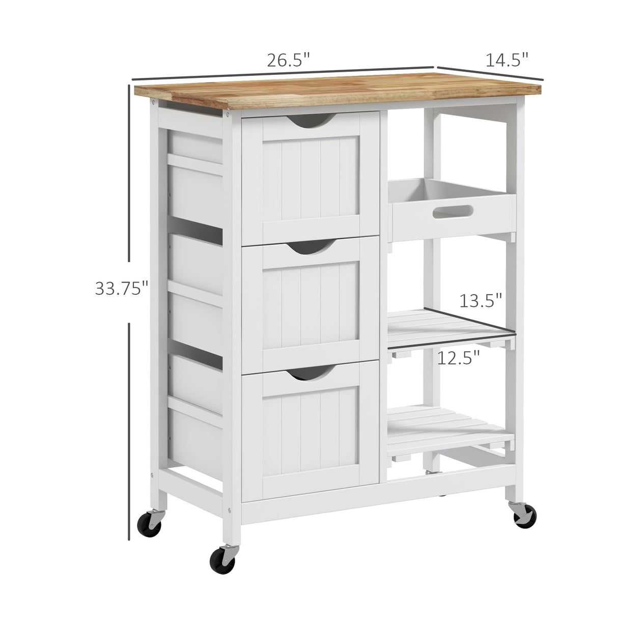 HOMCOM Rolling Kitchen Island Cart, Bar Serving Cart, Compact Trolley on Wheels with Wood Top, Shelves & Drawers for Home Dining Area, White HOMCOM