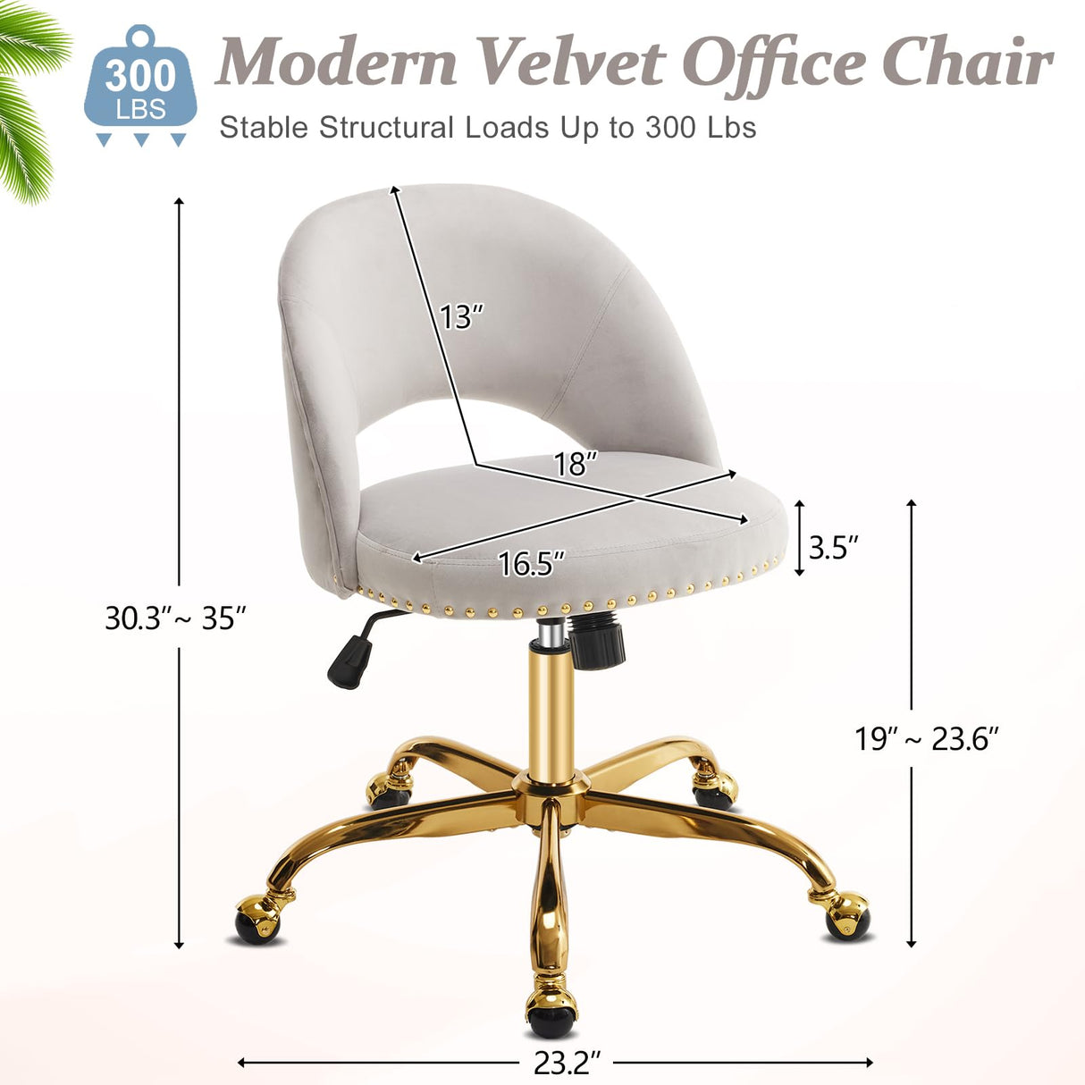 VINGLI Modern Velvet Small Office Chair,Cute Desk Chair with Wheels,Gold Base/Studs, Comfy Armless Swivel Vanity Task Chair for Women/Girl/Kids, Nail Tech Chair for Bedroom,Small Space,Grey VINGLI