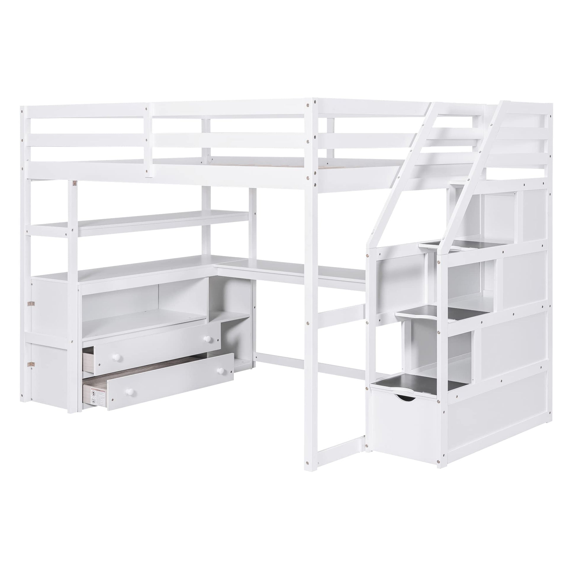 SOFTSEA Multi-Functional Full Loft Bed with Desk, Stairs, and Storage in White - WoodArtSupply