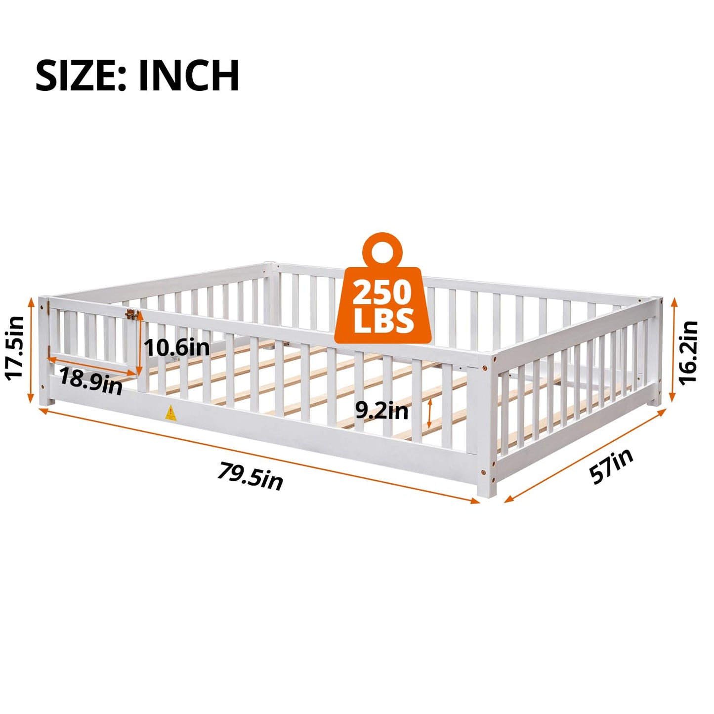 Durable Montessori Full Floor Bed with Safety Fence & Door for Kids in White - WoodArtSupply