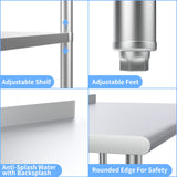 ROVSUN 36'' x 24'' Stainless Steel Table for Prep & Work,Commercial Worktables & Workstations,Heavy Dut Metal Table with Adjustable UnderShelf & Backsplash for Kitchen, Restaurant,Home,Hotel ROVSUN