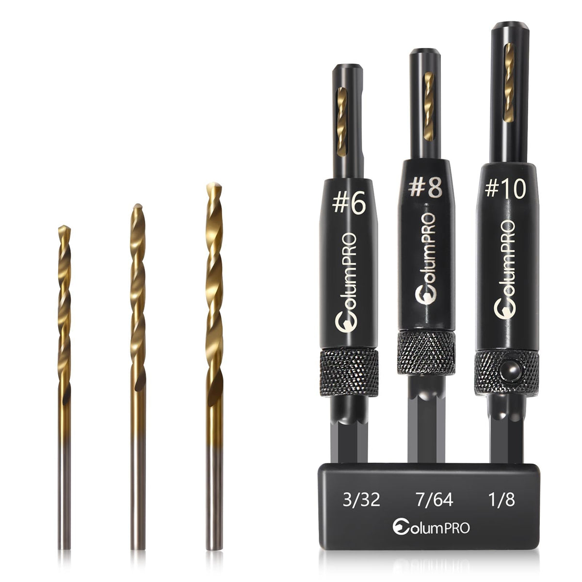 ColumPRO 3 PCS Self Centering Drill Bits Set, Titanium Coated VIX Bits,Door Window Cabinet Hinge Woodworking Pilot Hole Drill Bit 3/32"(#6),7/64"(#8),1/8" (#10) ColumPRO