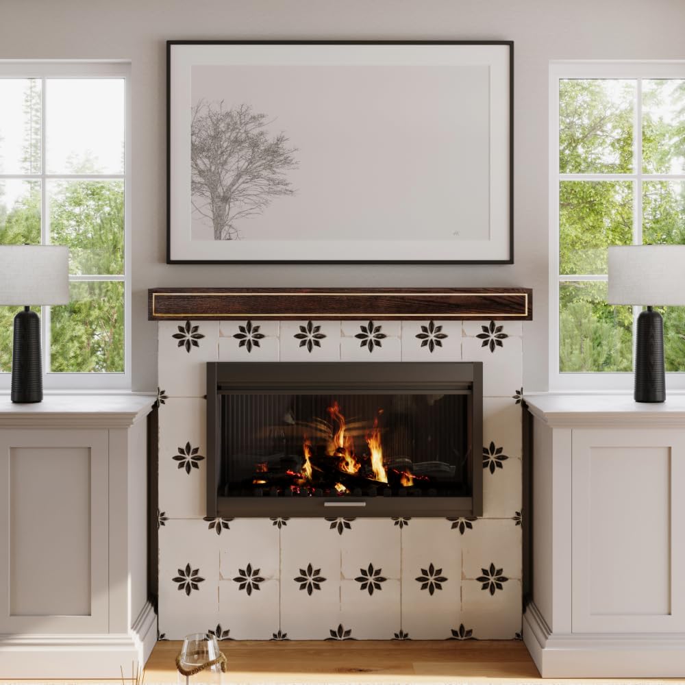 Modern Ember Oak Park 60 Inch Coffee Bean Fireplace Wooden Mantel Shelf with Gold Bronze Metal Trim, Oak Wood, Handcrafted Contemporary Mantel, 60" x 9" x 5" Modern Ember