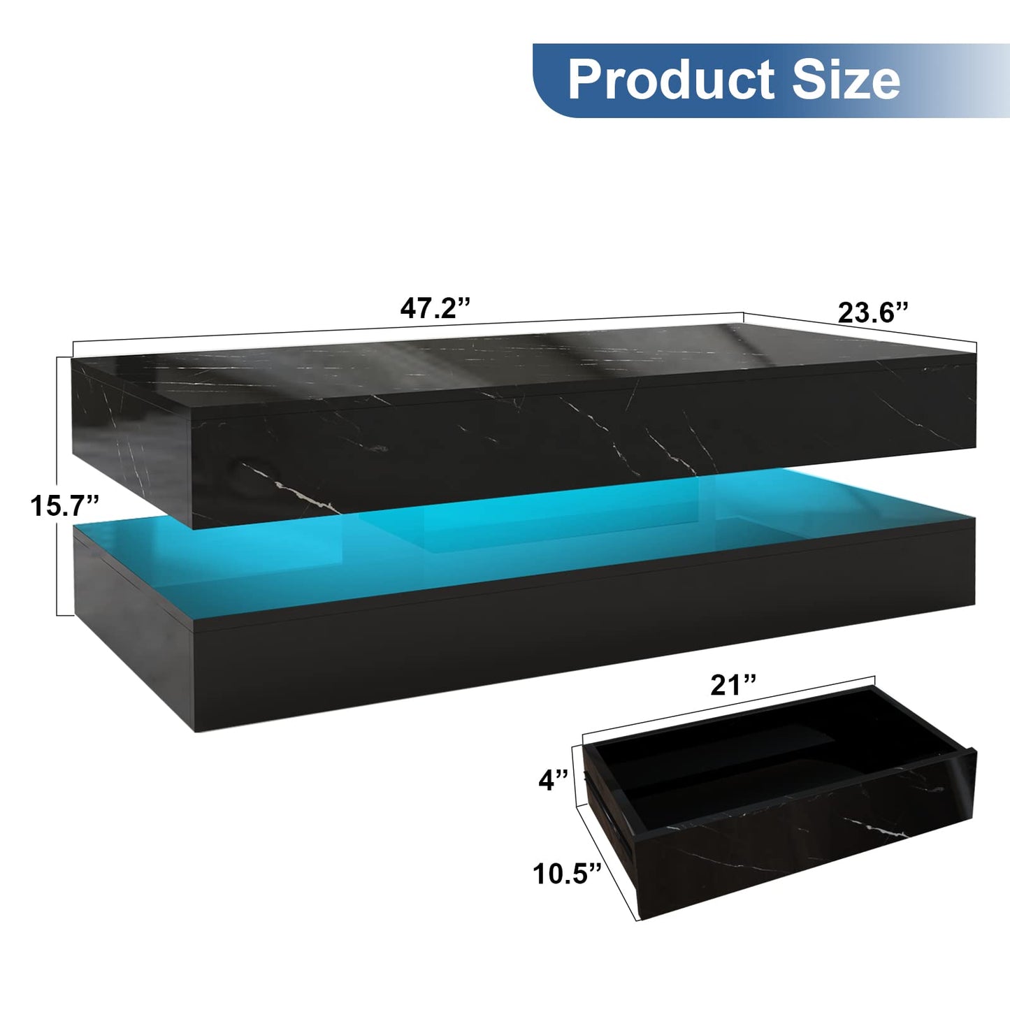 HOMFAMILIA LED Coffee Table with 2 Storage Drawers, Modern High Gloss Black Coffee Table w/20 Colors LED Lights, 2 Tiers Rectangle Center Table for Living Room with Marbling Print, APP Contro - WoodArtSupply