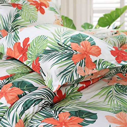 FADFAY Tropical Red Hibiscus Palm Leaves Duvet Cover Set Super Soft Summer Bedding 100% Cotton Soft with Hidden Zipper Closure Queen Size 3-Pieces FADFAY