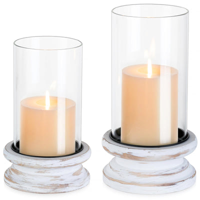 Hewory Hurricane Glass Candle Holder: Rustic White Candle Holders for Pillar Candles, Vintage Decorative Wood Stand with Clear Cylinder Glass for Table Centerpiece Fireplace Mantel Farmhouse Decor