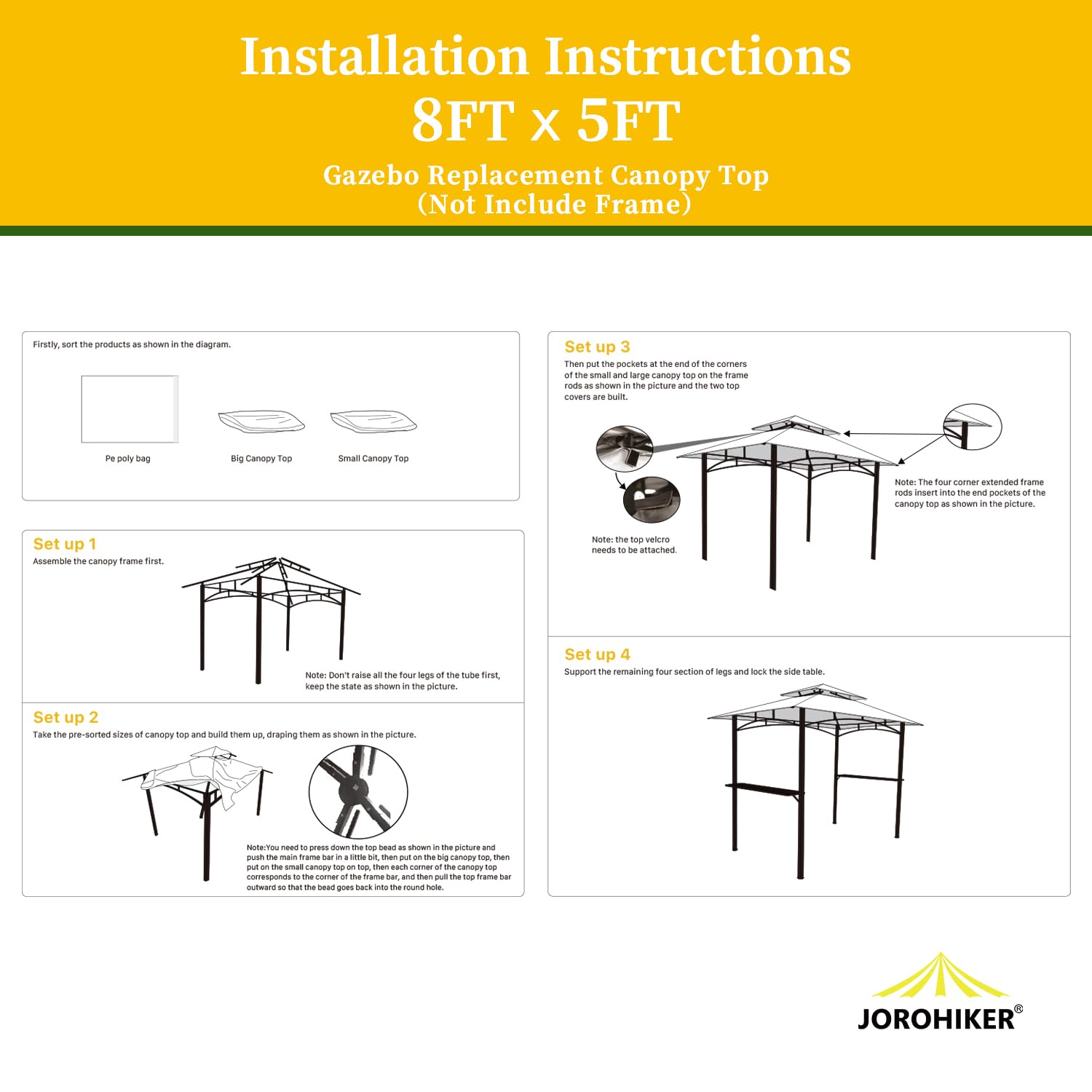 Jorohiker 5' x 8' Grill Gazebo Replacement Canopy Roof Only,Waterproof Double Tiered Shelter Cover,Outdoor BBQ Gazebo Canopy Top Fit for Gazebo Model L-GG001PST-F - WoodArtSupply