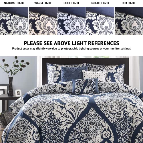 Madison Park Vienna Sateen Cotton Comforter Set, Breathable, Soft Cover, Trendy, All Season Down Alternative Cozy Bedding with Matching Shams, King, Indigo 7 Piece Madison Park