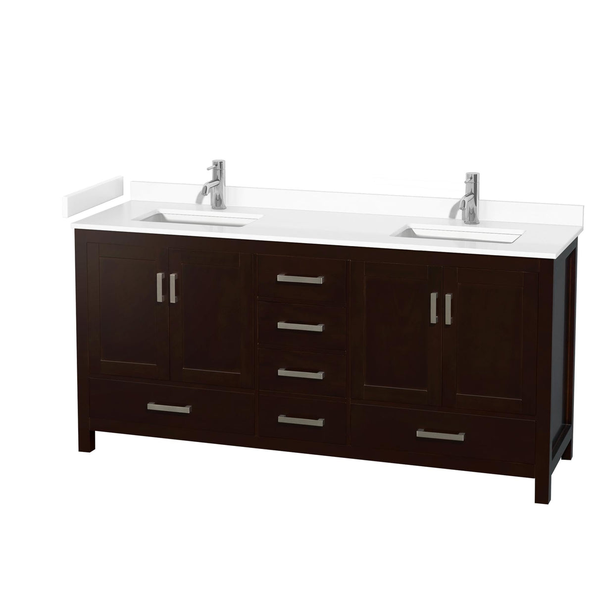 Sheffield 72 Inch Double Bathroom Vanity in Espresso, White Cultured Marble Countertop, Undermount Square Sinks, No Mirror Wyndham Collection