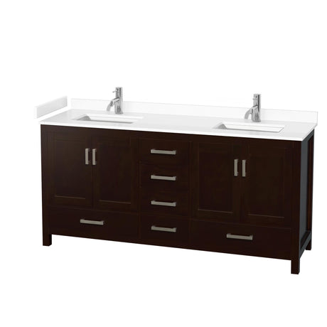 Sheffield 72 Inch Double Bathroom Vanity in Espresso, White Cultured Marble Countertop, Undermount Square Sinks, No Mirror Wyndham Collection