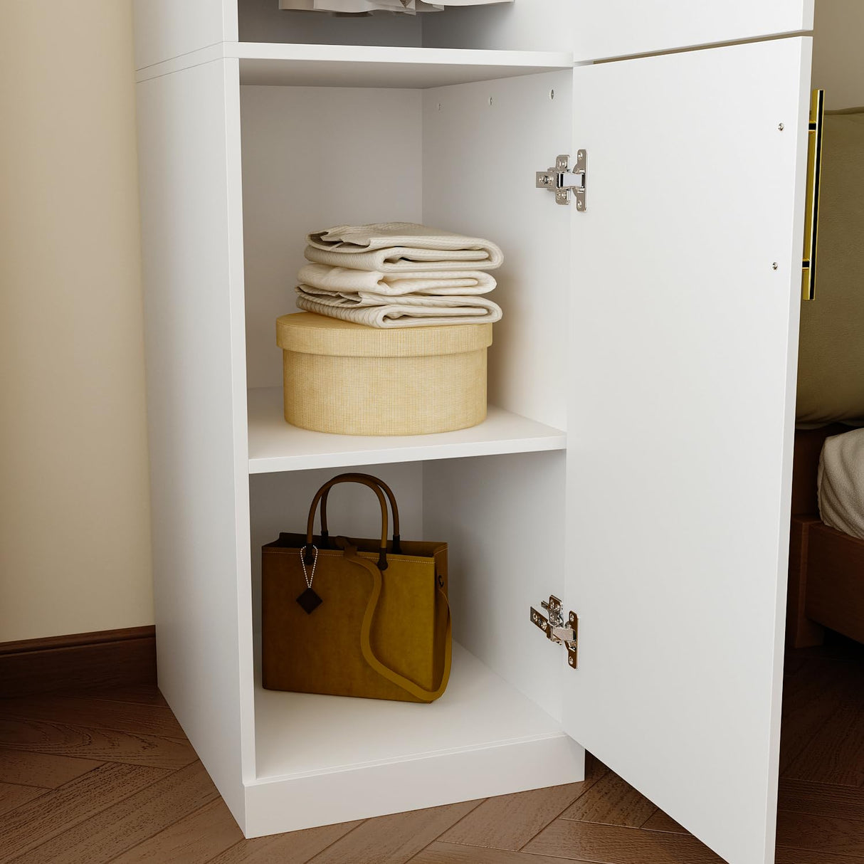 FUFU&GAGA Narrow Wardrobe Closet with 2 Doors, Modern White Bedroom Armoire with Gold Handles, Modern Clothes Storage Cabinet with Shelves, Hanging Rod, 15.7”W x 19.3”D x 74.8”H FUFU&GAGA