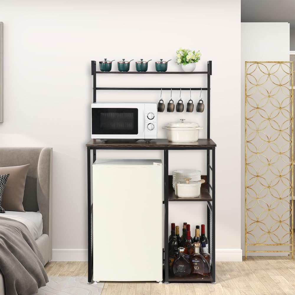 AGESISI 4-Tier Mini Fridge Cabinet Microwave Stand with Storage, 22.8"D x 35"W x 60.9"H Bakers Rack Shelf with 5 S-Shaped Hooks, Freestanding Coffee Bar Organizer for Kitchen Dorm Home, Rustic Brown AGESISI